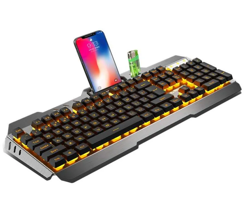 Metal arkadan aydınlatmalı oyun klavyesi USB Kablolu Optik Gamer Masaüstü Aydınlatıcı Solunum Anahtarları için Metal Stand ve Telefon Sahibi WR8896206