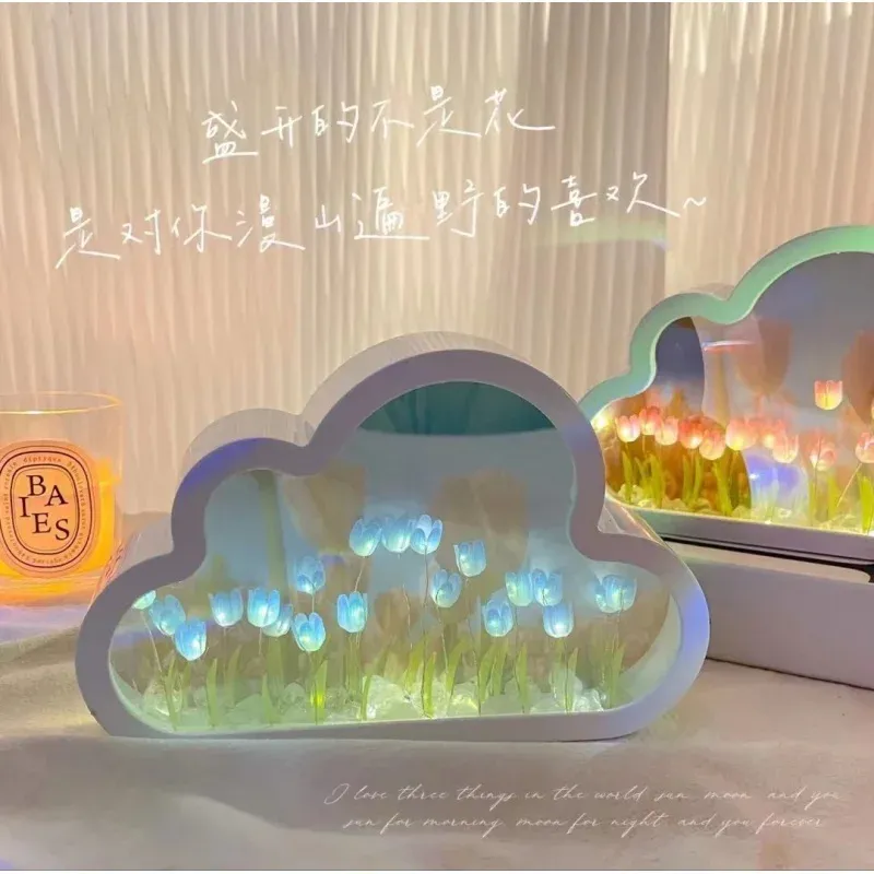 Mirrors 2023NEW DIY Cloud Tulip LED Night Light Girl Ornaments Creative Photo Frame Mirror Table Lamps Bedside Handmade Birthday Gifts