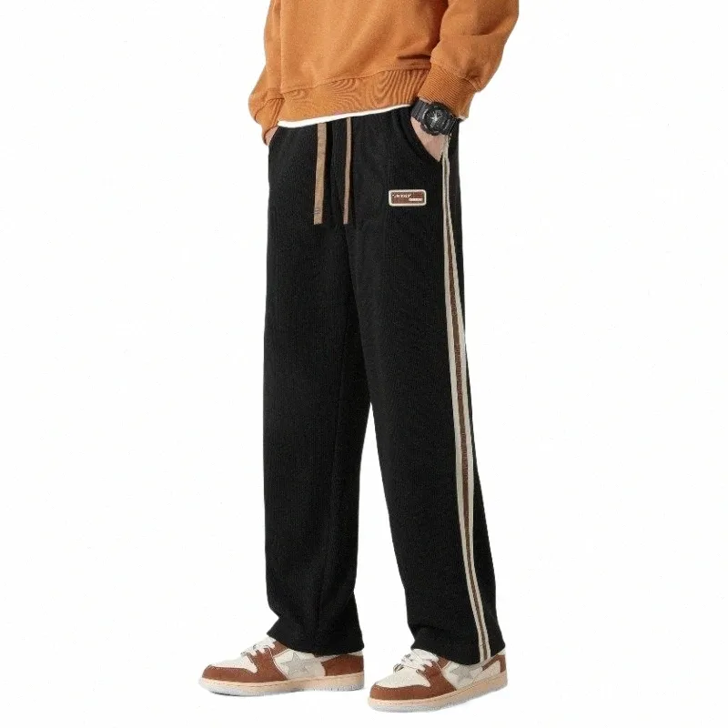 Hommes pantalons décontractés jambe droite lâche haute qualité tricoté taille moyenne pleine longueur pantalons de survêtement Jogger pantalon Streetwear pour homme 17A9 #