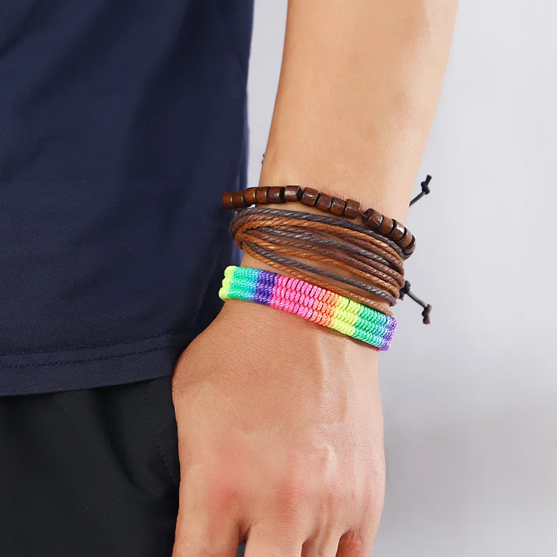 Cuerda trenzada hecha a mano, pulseras con cuentas de madera multicapa, conjunto de 3 uds., brazalete ajustable, joyería de decoración para mujeres y hombres