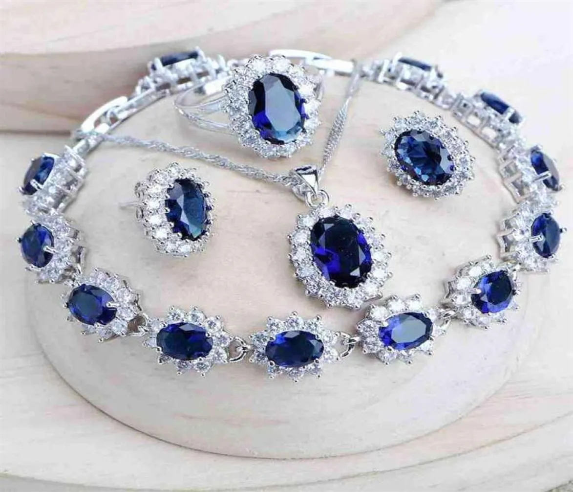 Argent 925 femmes ensembles de bijoux de mariée bleu zircone Costume bijoux fins collier de mariage boucles d'oreilles bagues Bracelets pendentif ensemble 227990556