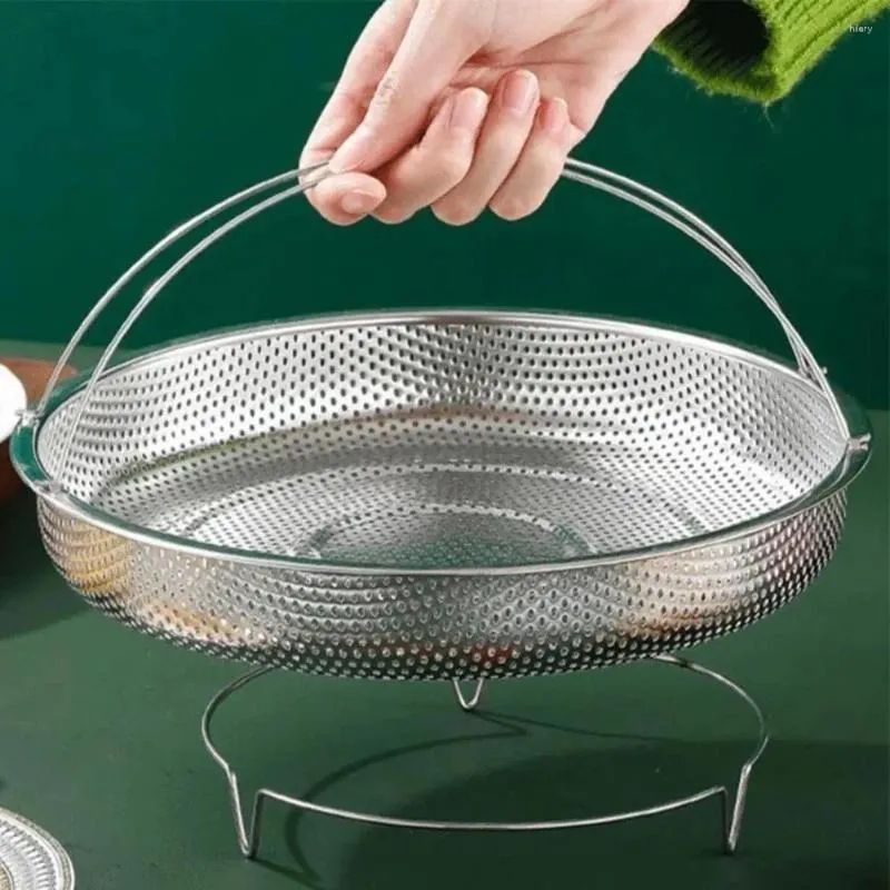 Cesta de vapor para caldeiras duplas, aço inoxidável, dreno de rack de vegetais com alça removível para limpeza de frutas de cozinha