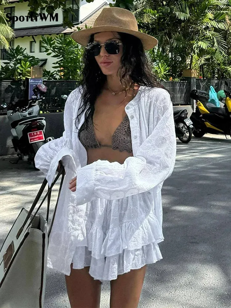 Summer Long Sleeved Shirt Jacket Shorts Set For Women White Single Breasted Female Suits Vacation Casual Dams Loose Beachwear 240323