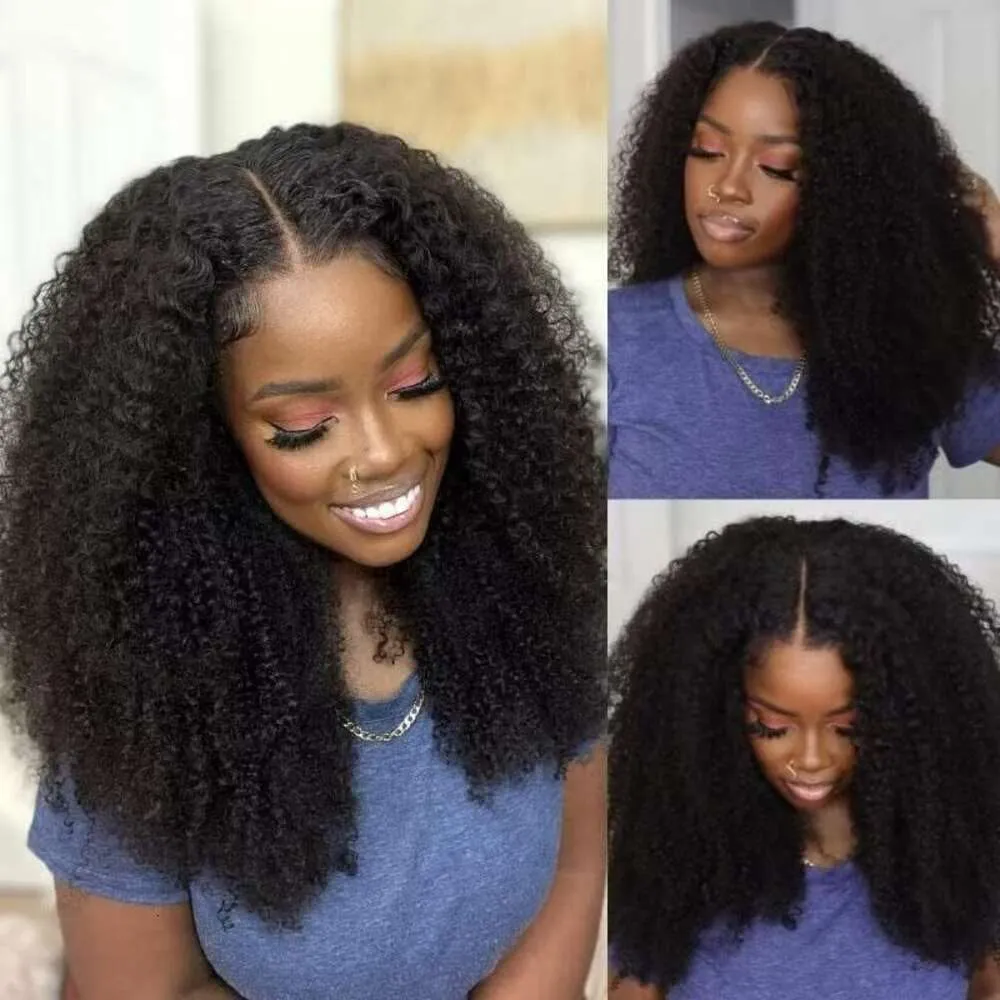 V 180% densitet Glueless afro kinky lockiga peruker för kvinnor brasilianska remy u del mänsklig hår peruk nybörjare vänlig naturlig färg 16 tum