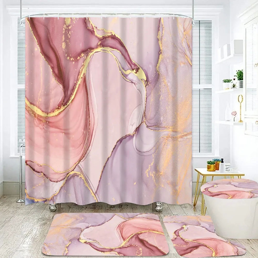 Curtains Rose Gold Creative Marble Texture Fabric Shower Curtain Bathroom Curtain Set Toilet Lid Cover NonSlip Carpet Bath Mat Rug Decor