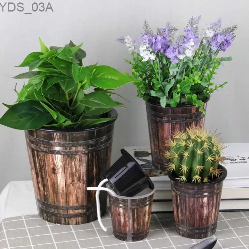 Planters Pots 1pc Retro Wood Grain Resin Flower Pot Hydroponic Soil Culture Lazy Plastic Flowerpots Simulation Wood Grain Nostalgic Pot 240325