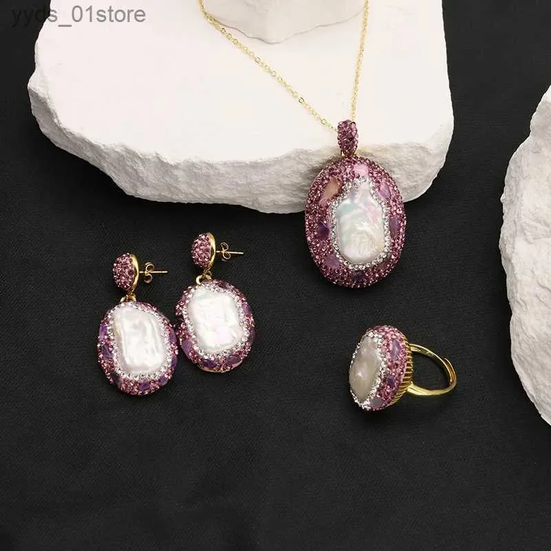 イヤリングネックレスGlseevo Natural Baroque Pearl Amethyst Inlaid Water Diamond Womens Jewelry Set Necklace Earrings Ring Ladies Exquisite Jewelry L240323