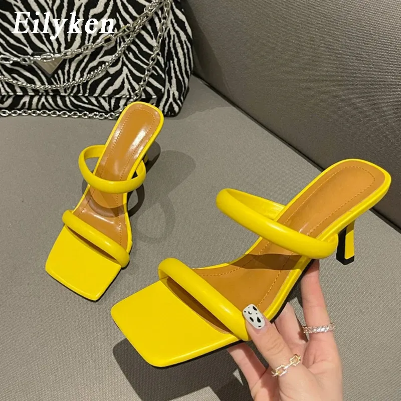 Slippers Eilyken Summer Yellow White Thin Heels Slippers Sandals Women Square Toe Mules Beach Slides Leisure Shoes