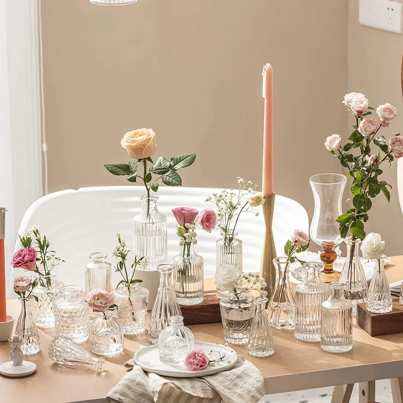 Vases Français Vintage Transparent En Relief Petit Vase En Verre Ins Style Décoration De La Maison Salon Table À Thé Plante Arrangement De Fleurs