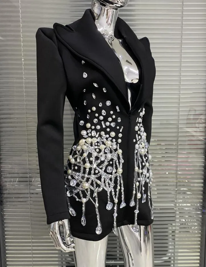 Xiaoxiang fengshuiドリップダイヤモンドスパンコン装飾的なデザイン感覚スリミングVネックビーズスペースコットンスーツスカート