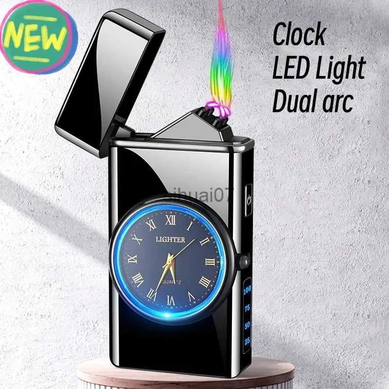 Lighters New Metal Clock Dual Arc Lighter LED Display USB Rechargeable Portable Flameless Lighter Outdoor Camping Flashlight Mens Gifts 240325