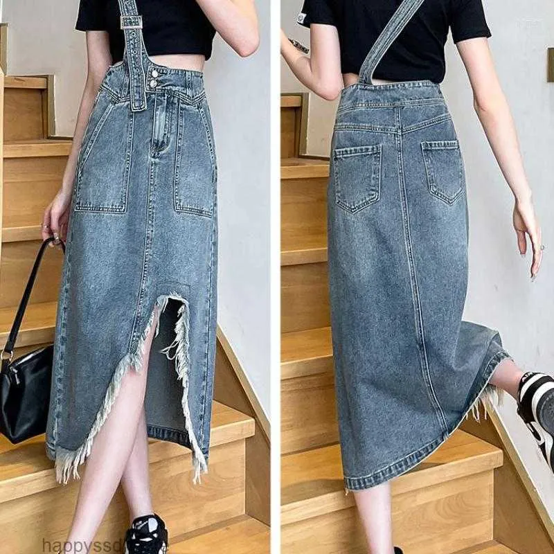 Röcke One-Shoulder-Jeans-Hosenträgerrock für Damen, Frühling/Sommer 2023, modisch, modisch, schlankmachend, hohe Taille, locker sitzendes, mittellanges Kleid