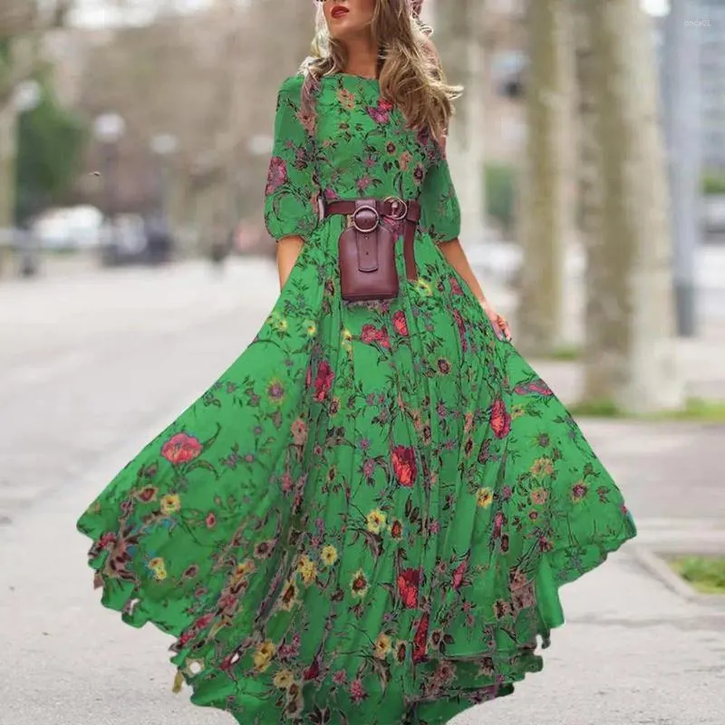 Vestidos casuais outono vestido impresso elegante floral impressão maxi para mulheres a linha grande balanço cintura alta noite com meias mangas