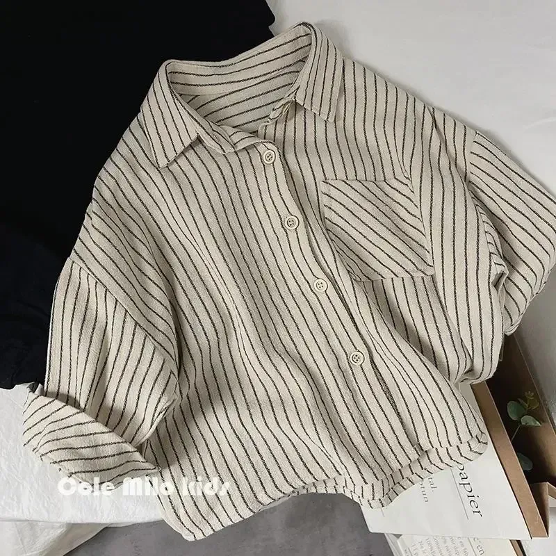 Barn kläder japansk stil barn cardigan bomull hampa rand vintage enkel bekväm casual mode sommar 240318