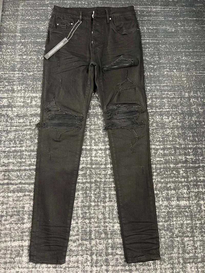 Men's Jeans Black Patchwork Leather Patch Ripped Men