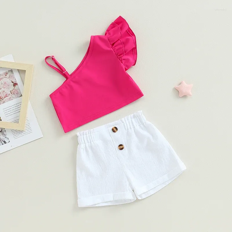 Clothing Sets Toddler Girl 2Pcs Summer Outfits Ruffle Sleeve Asymmetric Strap Tops Shorts Set Kid Clothes