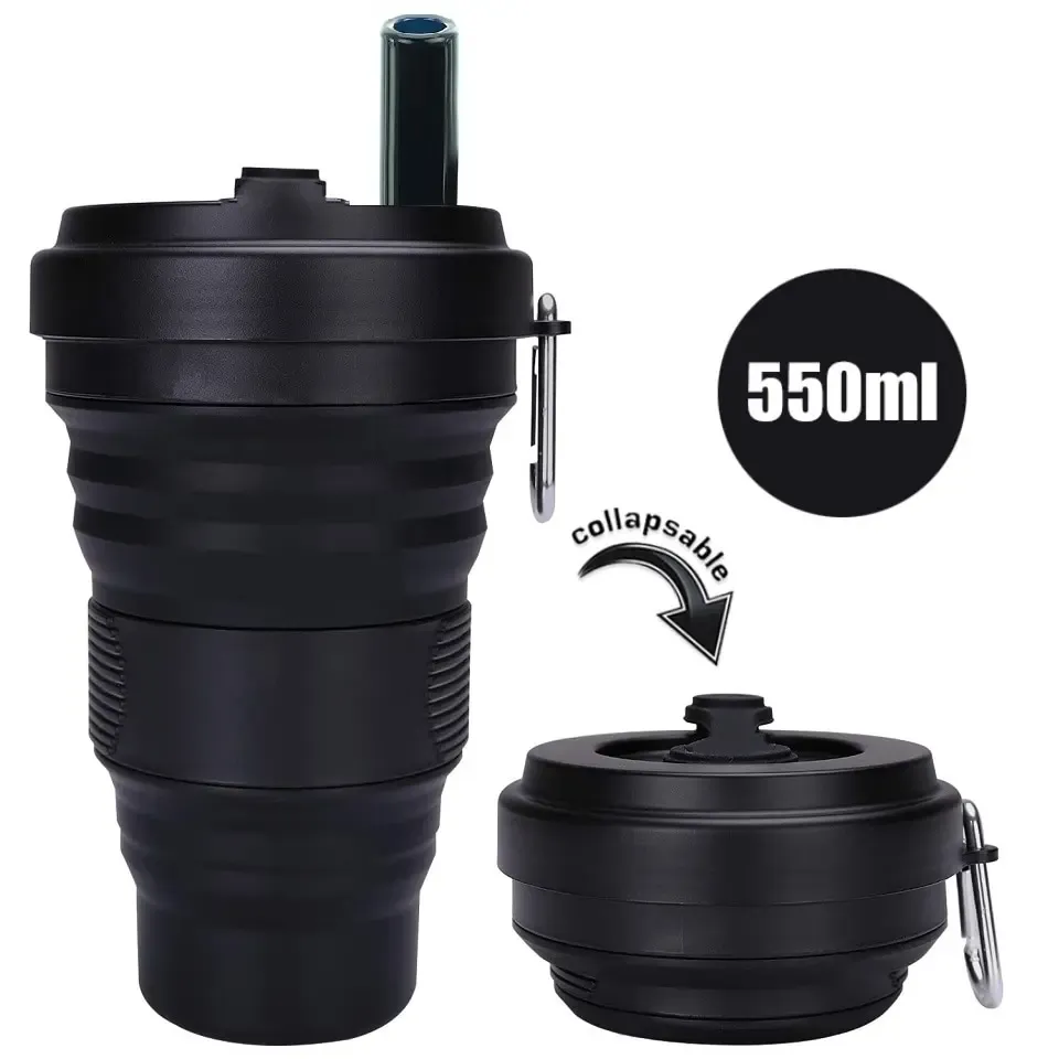 Outils Tasse à café en silicone pliable avec couvercle en paille 550 ml tasse pliante anti-fuite sans BPA bouteille d'eau portable réutilisable voyage noir