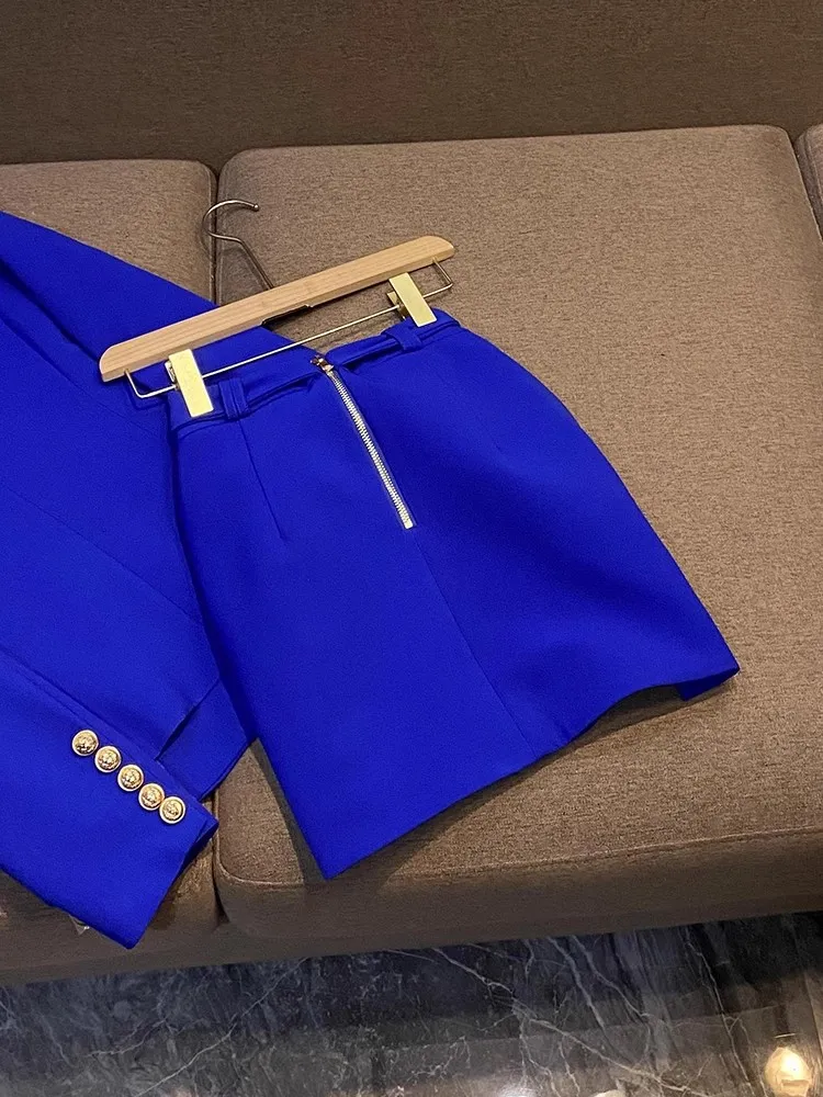 Spring Blue Solid Color Two Piece Dress Sets Long Sleeve Notched-Lapel Blazers Top + Belted Panelled Short Skirt Set Two Piece Suits O4M252101