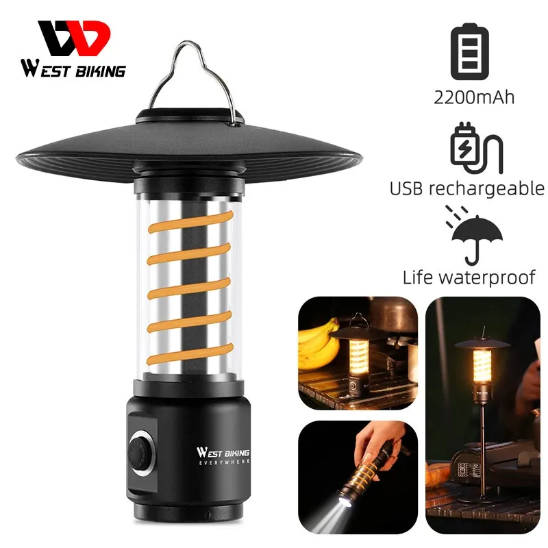 WEST BIKING LED Camping Light USB Rechargeable Bulb For Outdoor Tent Lamp Portable Lantern Emergency Lights Hiking Flashlight 240407