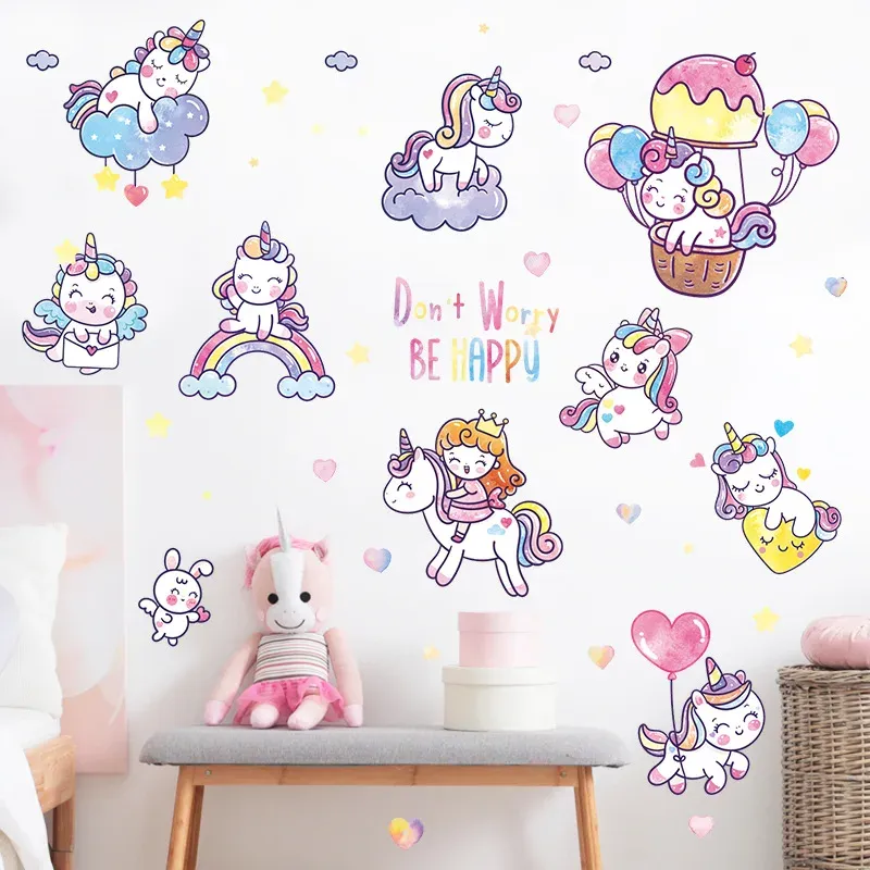 Autocollants muraux licorne de dessin animé, pour fille, décoration murale de salon, chambre à coucher, autocollants de princesse, décoration de porte d'armoire de chambre d'enfant