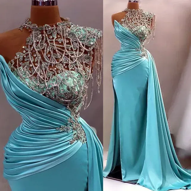 April Aso Ebi Mermaid Lace Prom Dress Beaded Crystals Satin Evening Formal Party Second Reception Birthday Engagement Gowns Dress Robe De Soiree