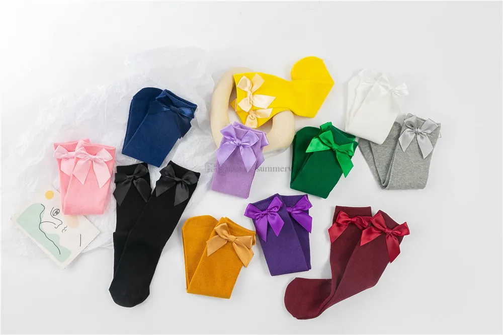 INS Kids socks spring Girl ribbon Bows long sock children knitted cotton princess leg girls students dance legs A7546