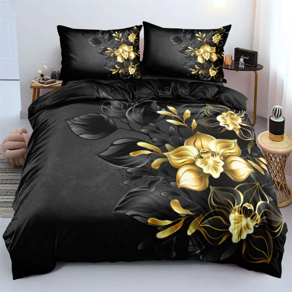 3D Design Flower Däcke Cover Set King Queen Twin Size Floral Print Bedding Set Bedroom Decor Dark Gold Flowers for Girls Women