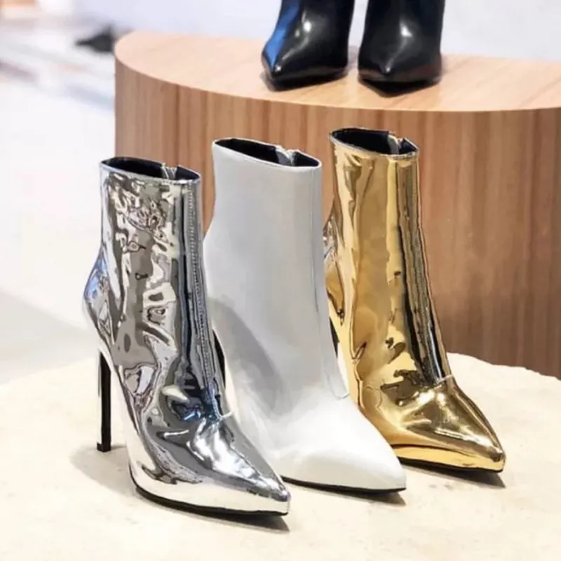 2024 Sexy patent leather gold silver pointed thin ultra-high heel short boots in fashionable large size 45
