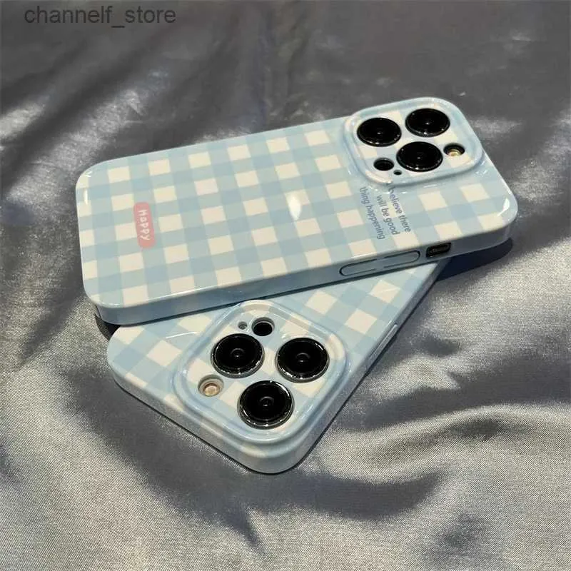 Cell Phone Cases Case for IPHONE13PROMAX 14PROMAXIPHONE15 15PLUS 15PROMAX simple and cute blue and white plaid acrylic hard mobile phone caseY240325