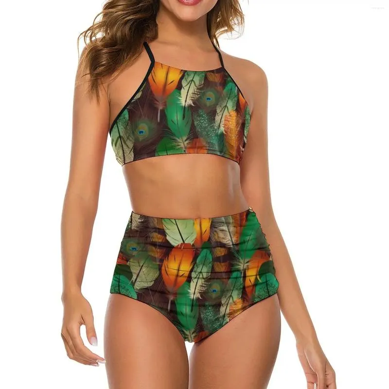 Kvinnors badkläder Fun Feather Bikini Swimsuit Colorful Print High midja Kvinnor Sexig Retro Bikinis Set Push Up Design Feminin