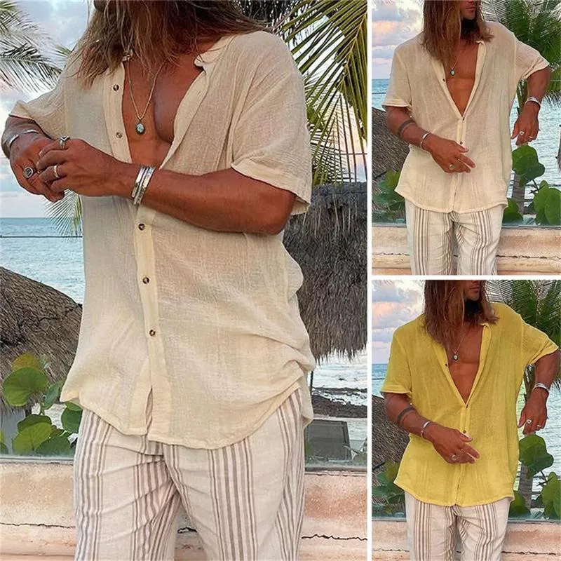 Men's T Shirts Cotton And Linen Solid Color Short Sleeved Stand Up Collar Beach Leotard Bodysuit Attire Men Long Sleeve