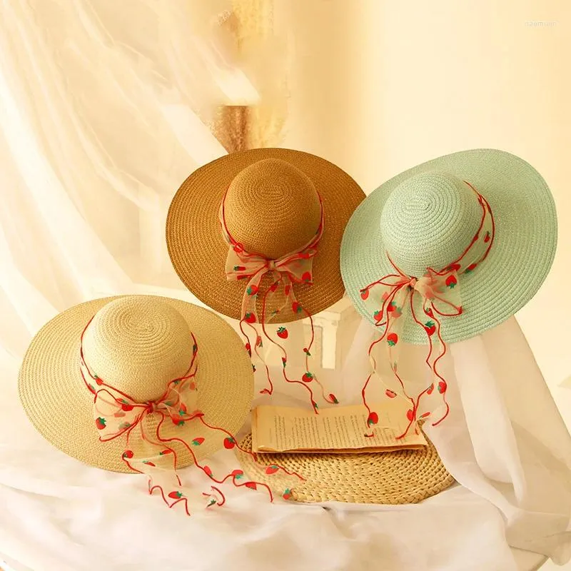 Menoea – chapeaux en paille pour enfants filles, jolis rubans de fraises, accessoires pour enfants, casquettes de soleil respirantes de vacances, 2024