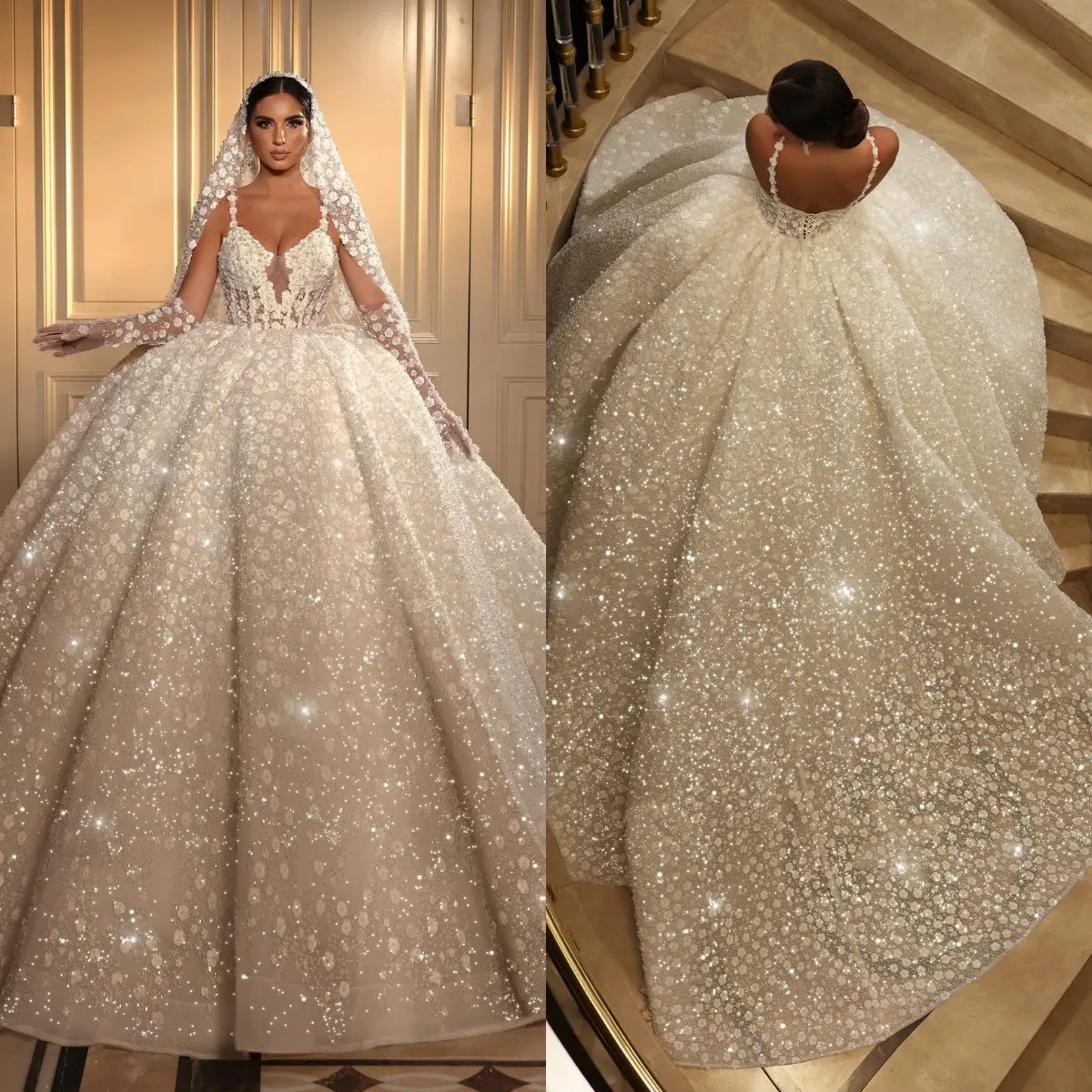 Çarpıcı kristal balo elbisesi gelin için gelinlik lüks boncuk dantel gelinlik kayışları vestido de noiva dubai saudi Arapça dantelli sırtsız gelinlik