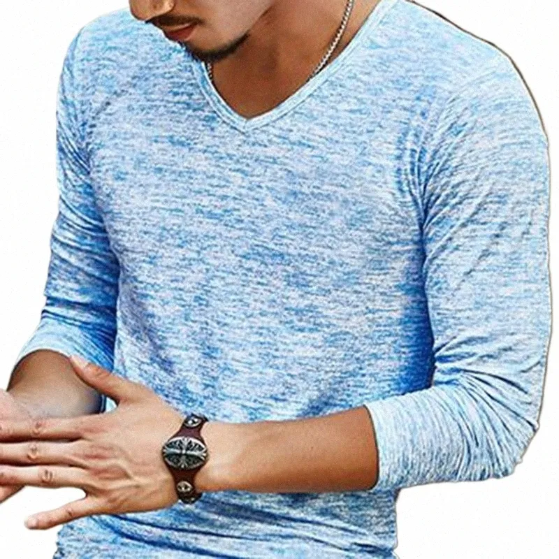 camiseta informal de manga larga para hombre, Camisa ajustada c cuello en V, ropa de moda para verano, 2021 q9Xu#