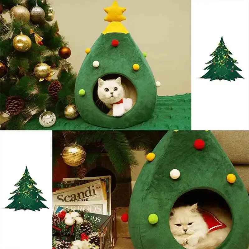 Scratchers Christmas Tree Cat House Pet House Cat Christmas Tree Shape Bed Dog Nest Puppy Cave House Portable Pet Small Cat Dog Indoor Bed