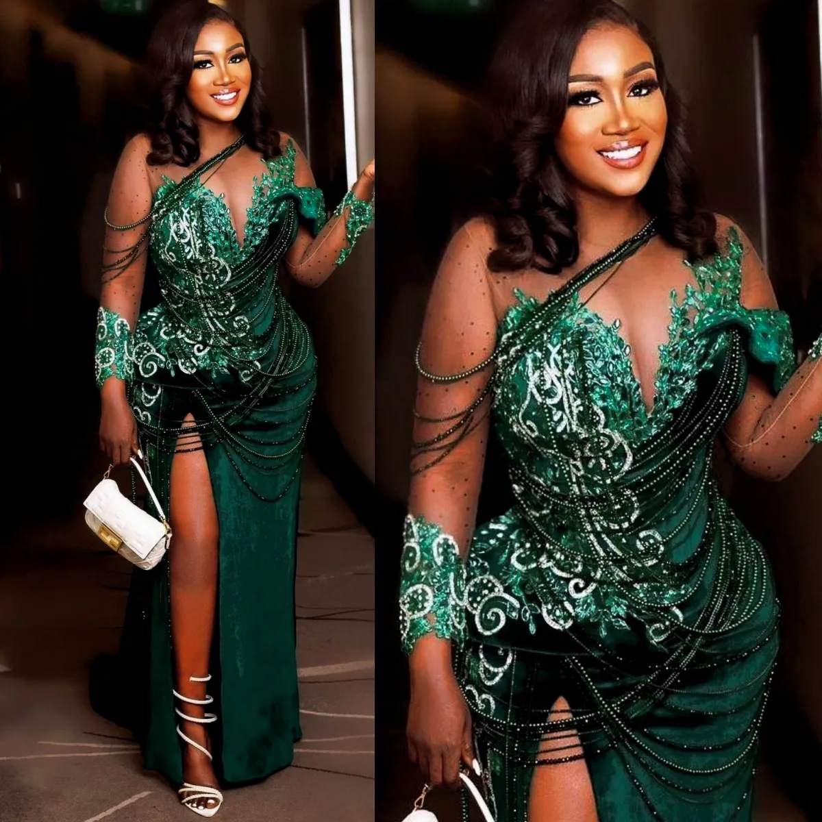 2024 Plus Size Aso Ebi Prom Dresses For Black Women Green Illusion Elegant Evening Clows Side Split Pärlade Rhinestones Tassel Birthday Dress Reception GOWN AM591