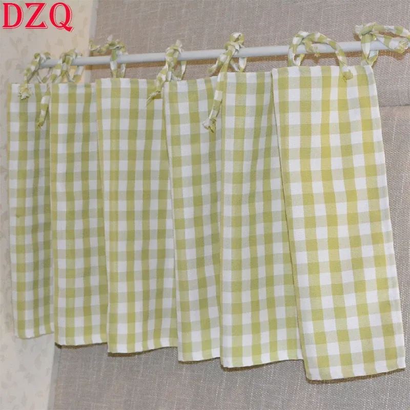 Curtains Korea Style Sweet Green LatticeTab Top Short Curtains Rural Plaid Half Curtains Cloth Kitchen Valance #A091