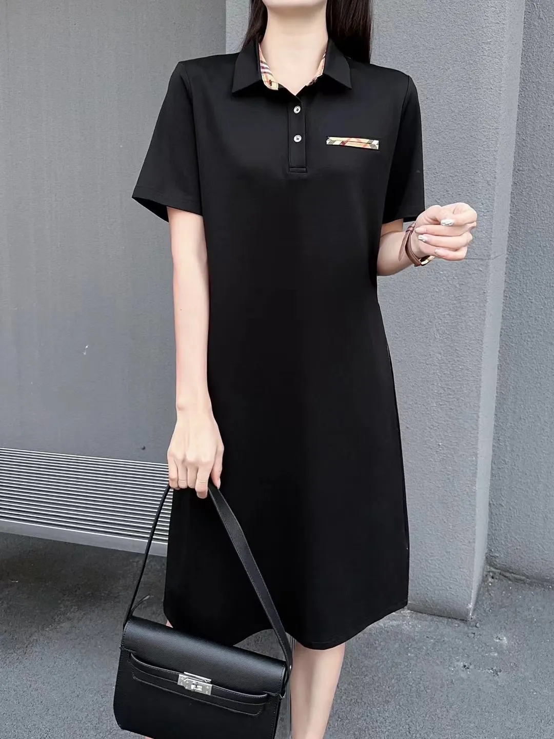 DesignerFashion Polo collar plus-size dress women's new summer short sleeve mid-length plaid color block T-shirt polo collar skirt S-2XL