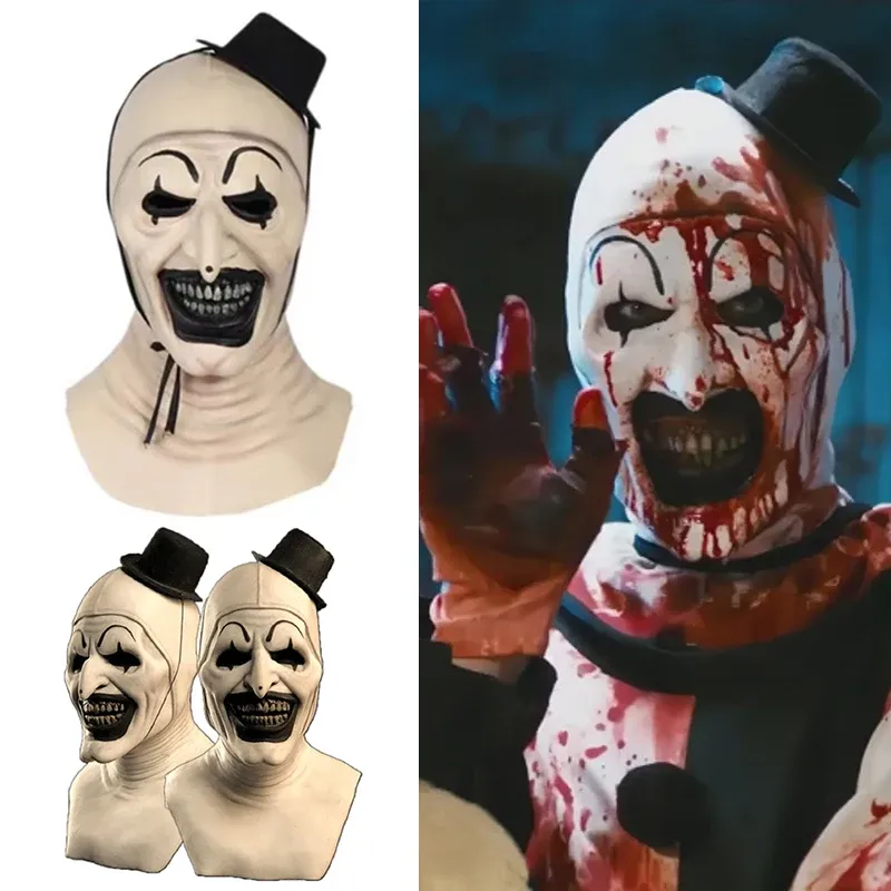 Masks Bloody Terrifier Art The Clown Mask Cosplay Creepy Horror Demon Evil Joker Hat Latex Helmet Halloween Party Costume Props Decor