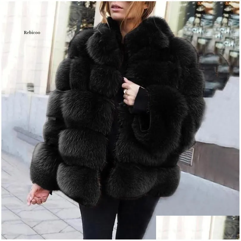 Womens Fur Faux Coat Women Winter Jacket Black Vintage Lady Warm Fluffy Coats Short Clothes 2022 Drop Delivery Apparel Clothing Outerw Otaq4