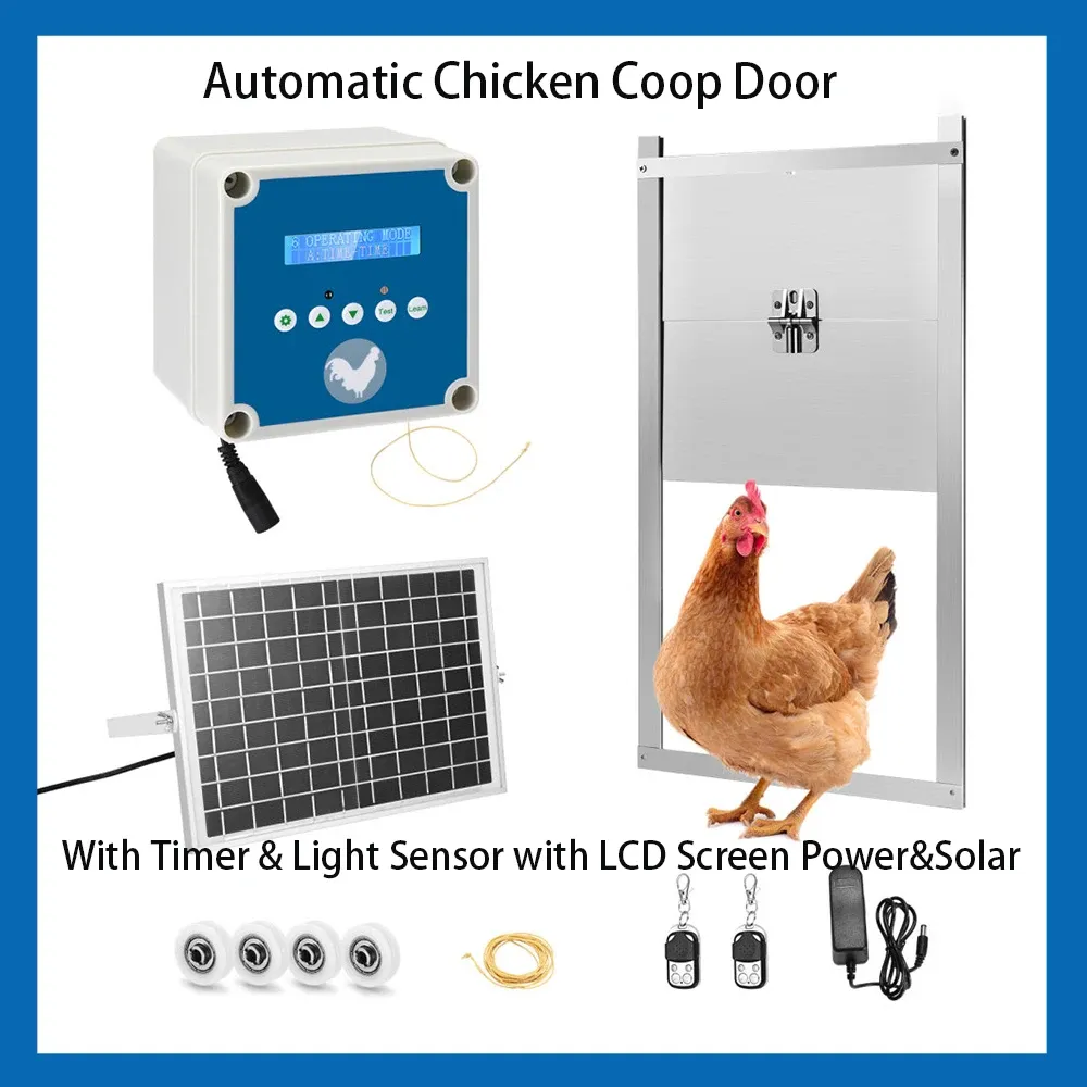 Accessories Automatic Chicken Coop Door with Timer & Light Sensor with LCD Screen Power&Solar Energy Powered Supply Chicken Cage Accessories
