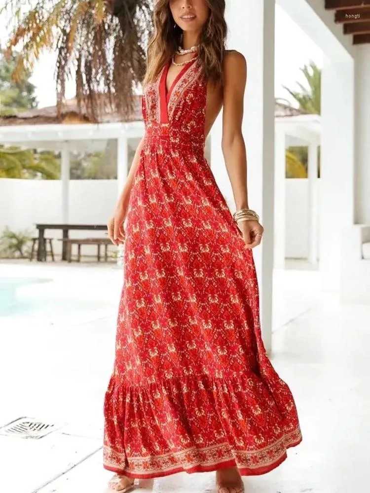 Robes décontractées GypsyLady rouge Boho Floral Chic Maxi robe licou col en V dos nu femmes été vacances fête sexy dames robes