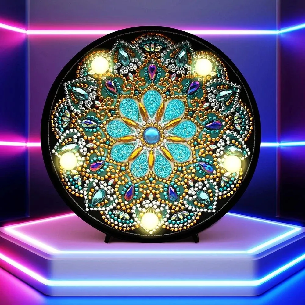 Stich SHIRLIBEN Heißer Verkauf Rundkreis Animal Mandala Landschaft DIY Diamond Malerei LED -Lichtlampe auf dem Tisch runde Shinny Perlen