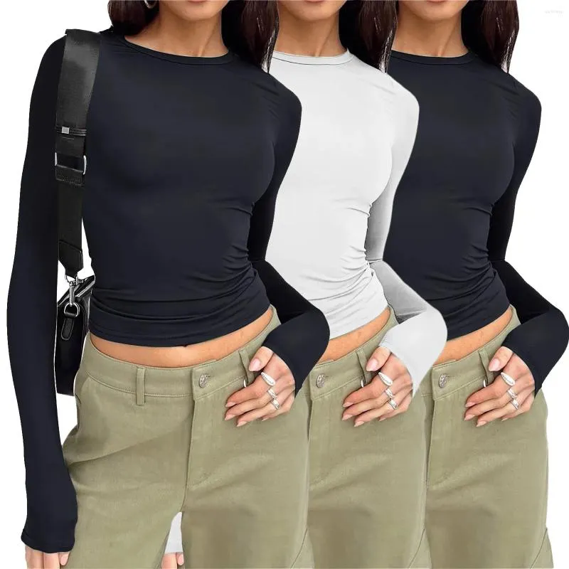 女性用Tシャツ3ピースセットベーシックショートTシャツ長袖ティートップ秋の春のファッション下着スリムフィットクロップトップブラウス