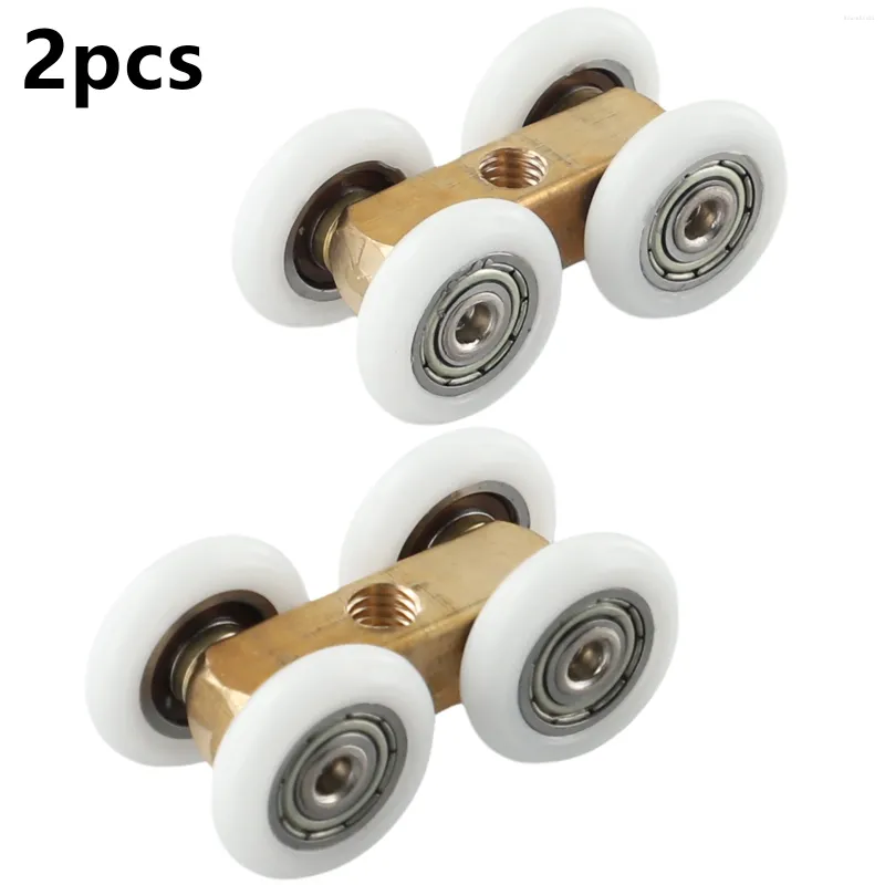 Rolo de polia de suspensão de quatro rodas de cobre de tapetes para porta deslizante do banheiro conjunto de 2 rolos ajustáveis com nylon e material