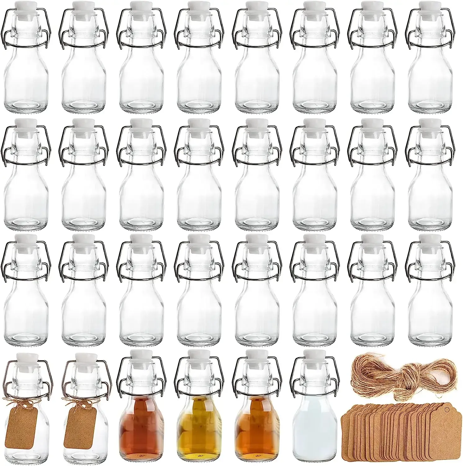 Gläser, 30 Stück, Mini-Glasflaschen mit Bügelverschluss, 57 ml, Mini-Aufbewahrungsflaschen mit personalisierten Etiketten und Schnur zum Basteln, Dekorieren,