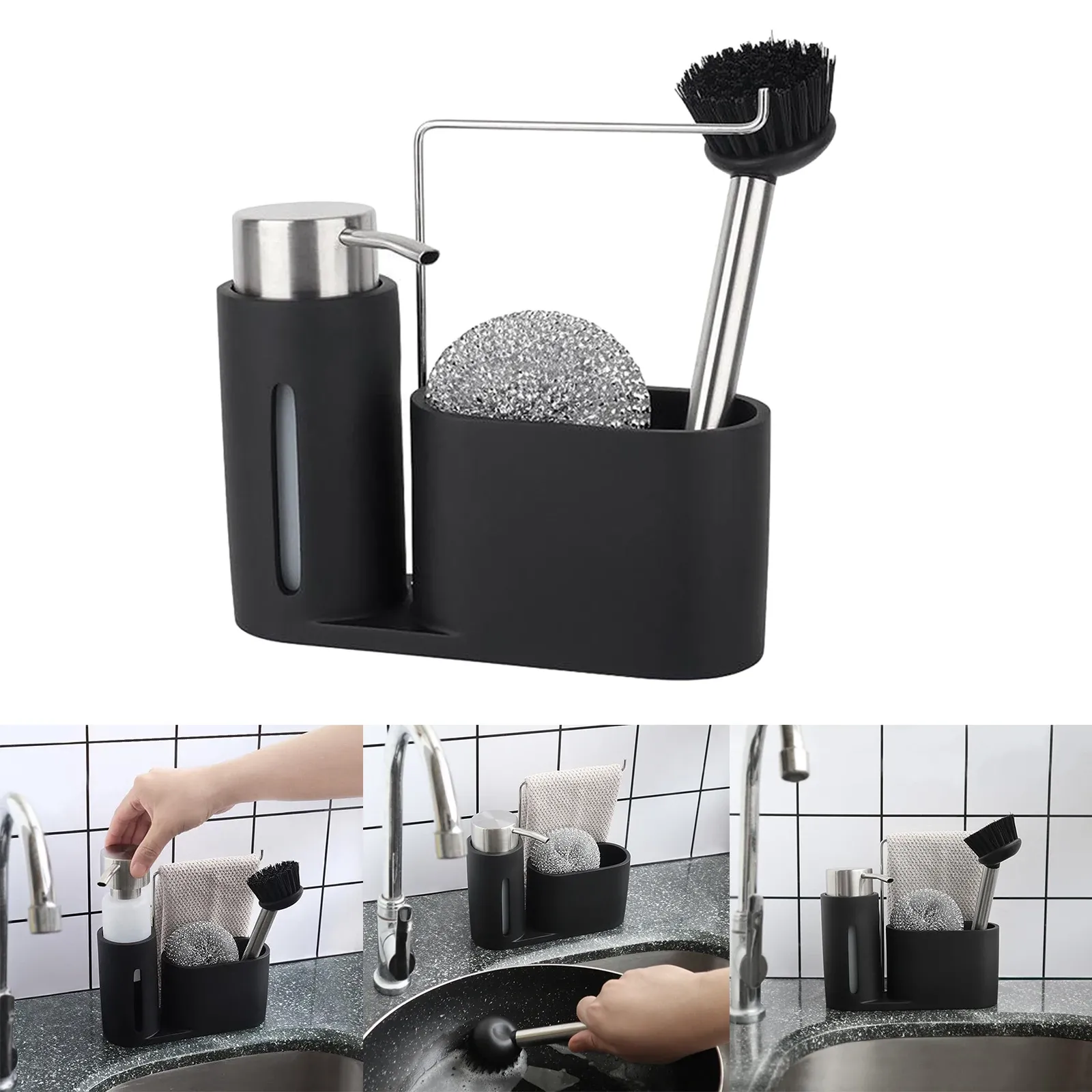 Dispensers Premium Kitchen Cleaning Kit Soap Dispenser Detergent Steel Ball Brush Storage Organizer Holder Caddy Set For Sink Badrum