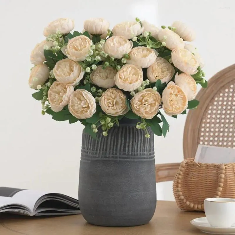 Fleurs décoratives d'intérieur, pivoines artificielles, accessoires Po, branche réaliste avec tige, fausse tête à 7 têtes pour la maison