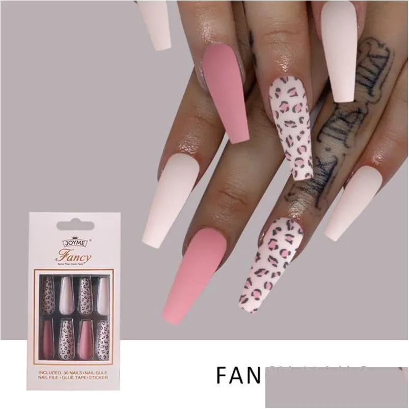 Unghie finte 30 pezzi / set Leopard Colorf Long Coffin Matte Fake Ballerina French Fl Er Artificiale Nail Art Tip Fai da te Strumento per manicure Drop Deli Dhwjk