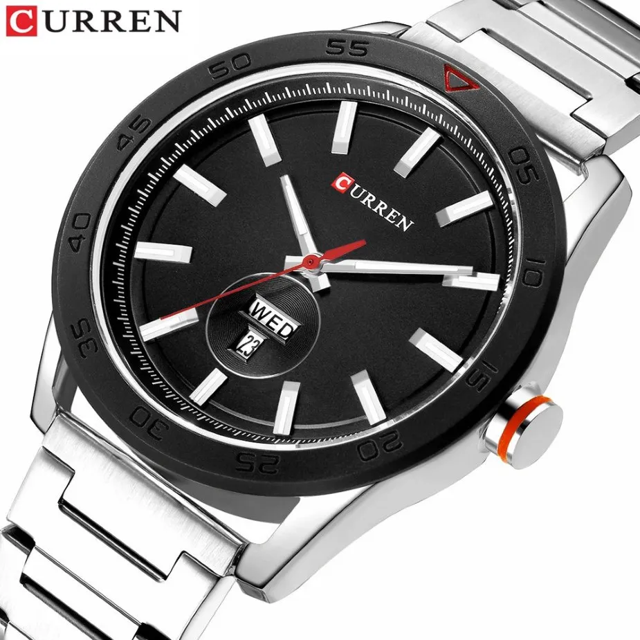 CURREN Male Clock Classic Silver Watches for Men Military Quartz Stainless Steel Wristwatch with Calendar Fashion Business Style294L